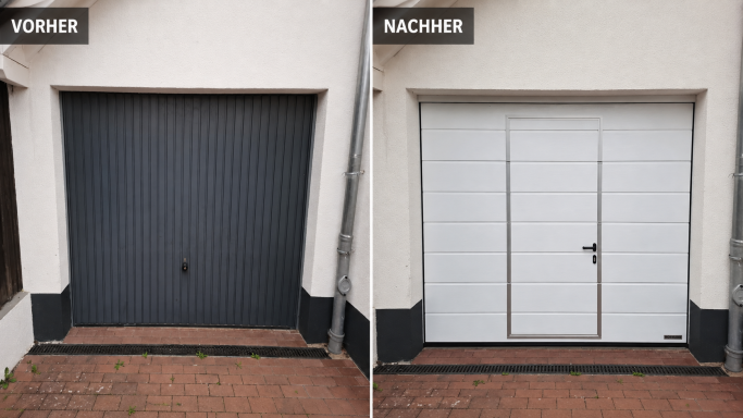 Mit Schlupftür Vorher-Nachher-Vergleich: dunkles Schwingtor links und neues weißes Sektionaltor mit integrierter Schlupftür rechts