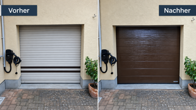 Wörrstadt: vorher und nachher Toraustausch in Wörrstadt: links das alte helle Rolltor, rechts das neue braune Hörmann-Sektionaltor.