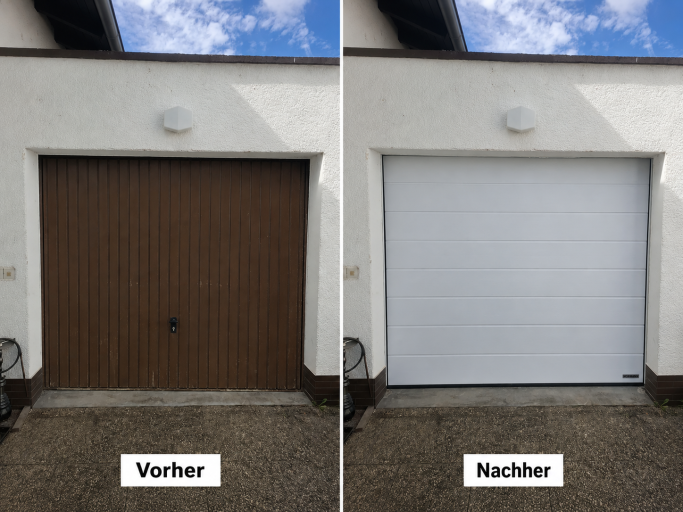 Ohne Schlupftür Vorher-Nachher-Vergleich: braunes Schwingtor links und neues weißes Sektionaltor rechts an derselben Garage
