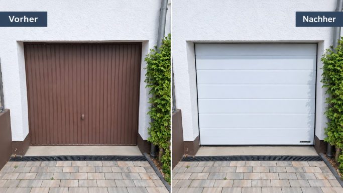 Laubenheim: vorher und nachher Toraustausch in Laubenheim: links das alte braune Schwingtor, rechts das neue weiße Hörmann-Sektionaltor.