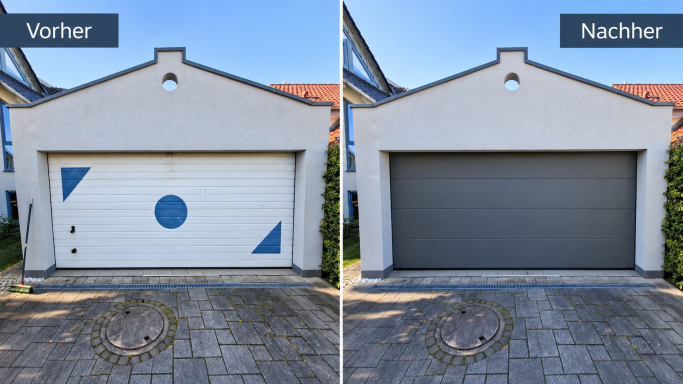 Nieder-Olm: vorher und nachher Toraustausch in Nieder-Olm: links das alte weiße Garagentor mit blauen Motiven, rechts das neue anthrazitfarbene Sektionaltor.