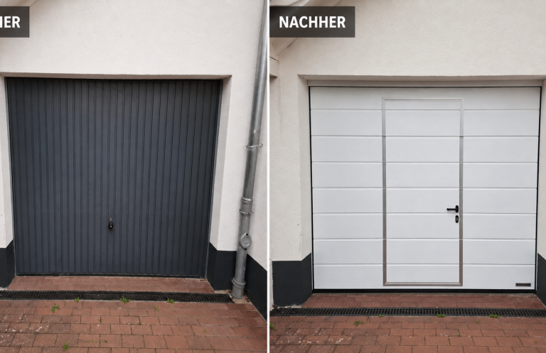 Vorher-Nachher-Vergleich: dunkles Schwingtor und neues weißes Sektionaltor mit Schlupftür